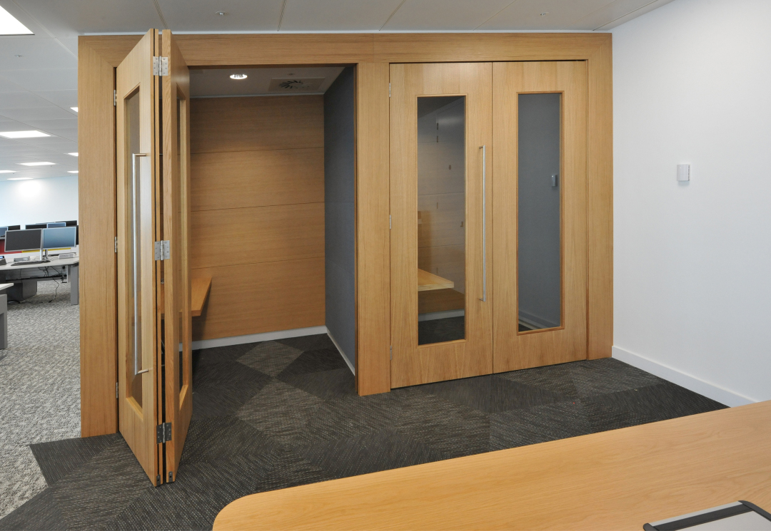 Quiet study booths with oak sliding doors 29th floor of Walkie Talkie building